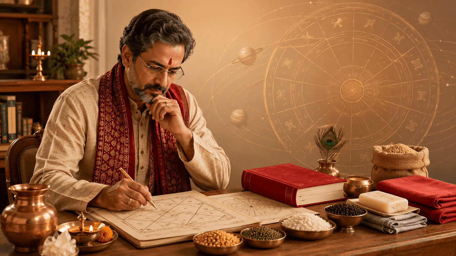 An astrologer studying a Vedic birth chart