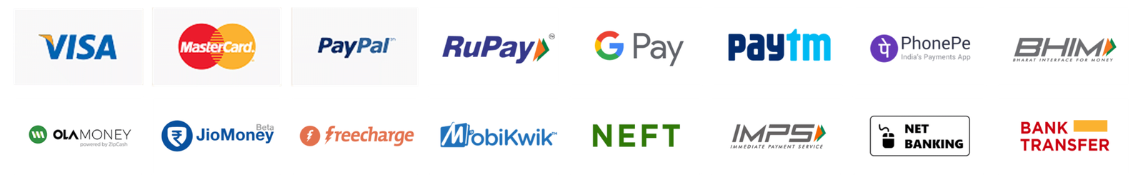 Accepted payment methods including Visa, Mastercard, RuPay, Google Pay, Paytm, UPI and net banking